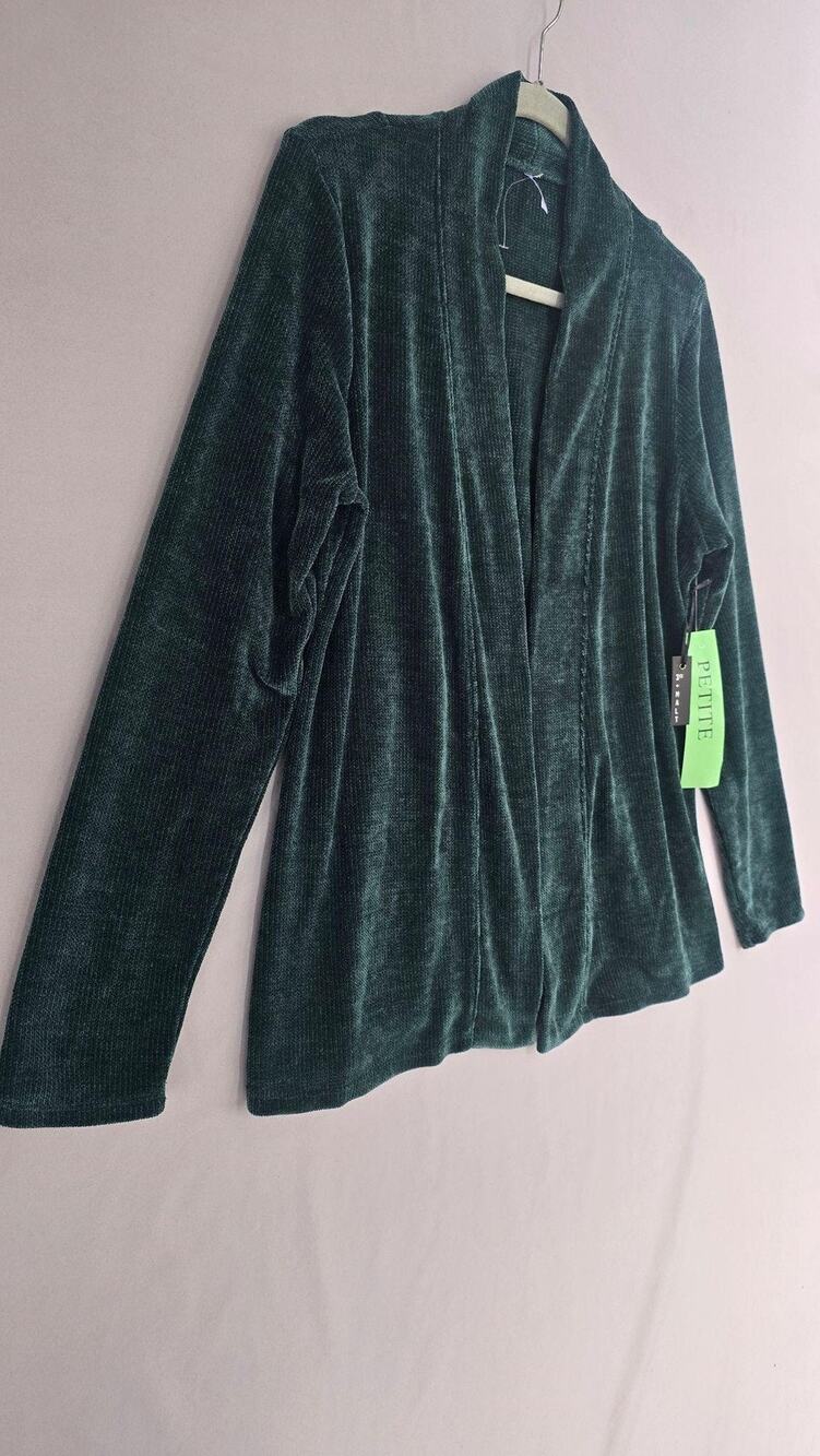 3RD + MALT Cardigan Sweater Womens Petite PL Green Velour Open Front Pleated